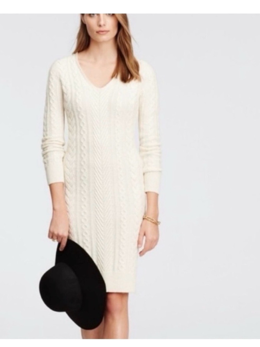 Ann Taylor Cream Alpaca/Wool Cable-Knit V-Neck Sweater Dress